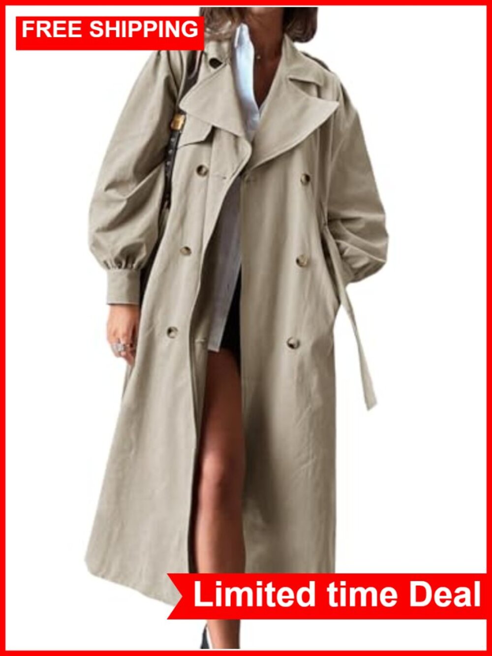 Long Trench Coat Womens Oversized Double Breasted Belted Overcoat
